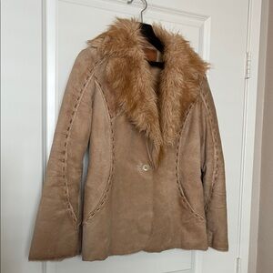 Vintage Guess Tan Suede Leather Fur Collar Jacket size S